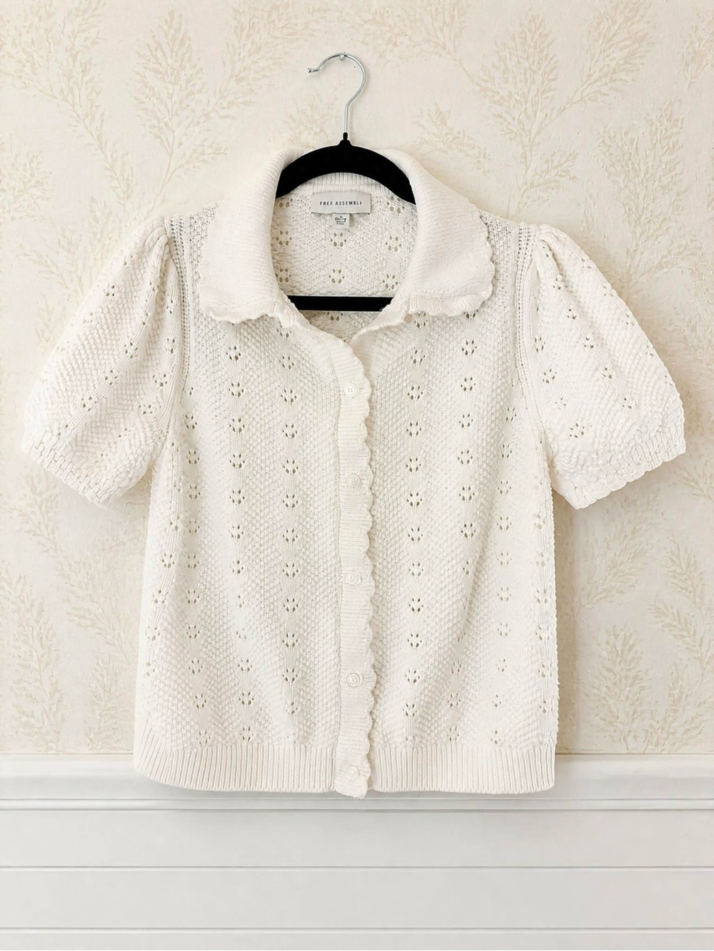 Vintage Eyelet Knit Short Sleeve Cardigan with Scalloped Collar